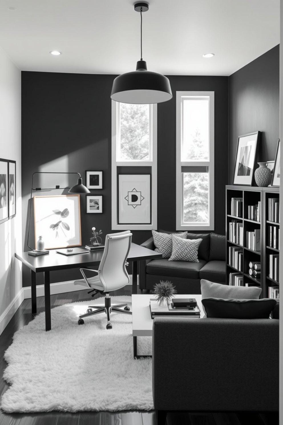 Elegant white cabinetry with black countertops. The space features sleek lines and modern hardware, creating a striking contrast that enhances the overall aesthetic. Black and white basement design ideas. The design incorporates bold geometric patterns and soft textures, creating a sophisticated yet cozy atmosphere.