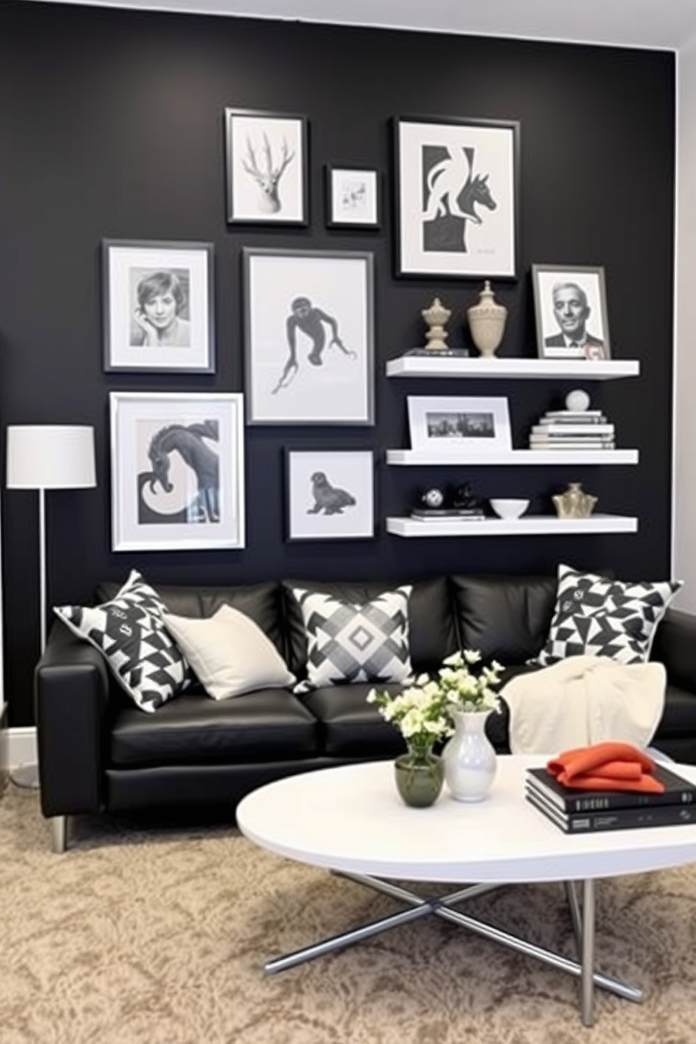 Trendy black accent wall with decor. The wall is adorned with a mix of framed art pieces and floating shelves displaying stylish decor items. Black and White Basement Design Ideas. The space features a sleek black sofa paired with a white coffee table, and the walls are painted in contrasting shades to enhance the modern aesthetic.