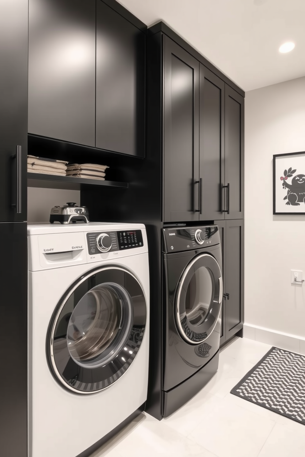 A functional black and white laundry area featuring sleek cabinetry with matte black finishes and white countertops. The space includes a stacked washer and dryer with a minimalist design, surrounded by open shelving for easy access to laundry supplies. Incorporate black and white basement design ideas that create a modern and inviting atmosphere. Use contrasting elements such as white walls and black furniture to enhance the overall aesthetic while ensuring ample lighting for a bright and airy feel.