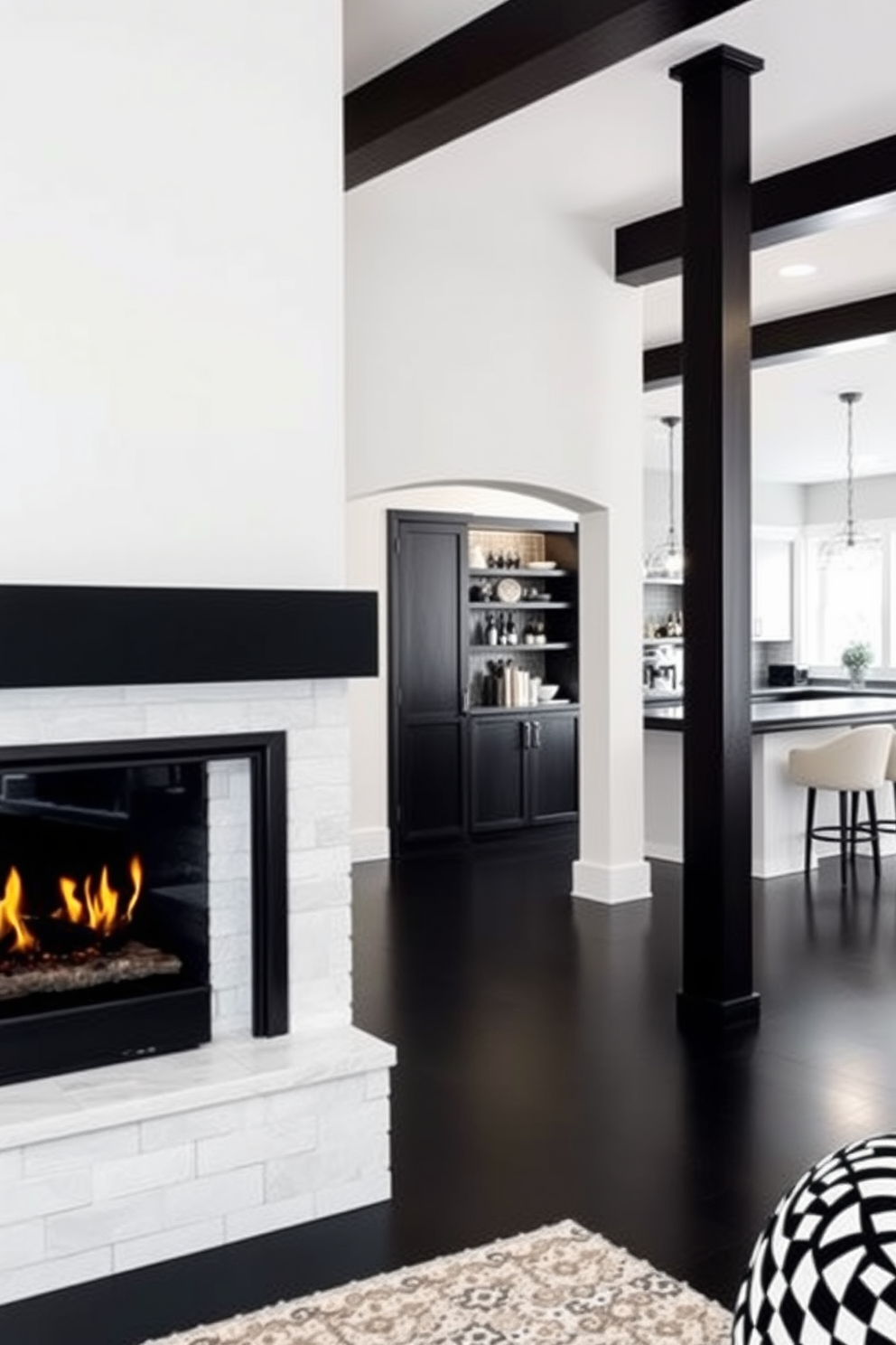 A warm black and white fireplace design featuring a sleek modern fireplace with a black frame and a white stone surround. The mantel is adorned with minimalistic decor, and a cozy seating area with black and white cushions is arranged in front of the fire. Black and white basement design ideas showcasing an open-concept layout with a stylish bar area and a lounge space. The walls are painted in a soft white, while the flooring is a rich black, creating a striking contrast that enhances the overall ambiance.