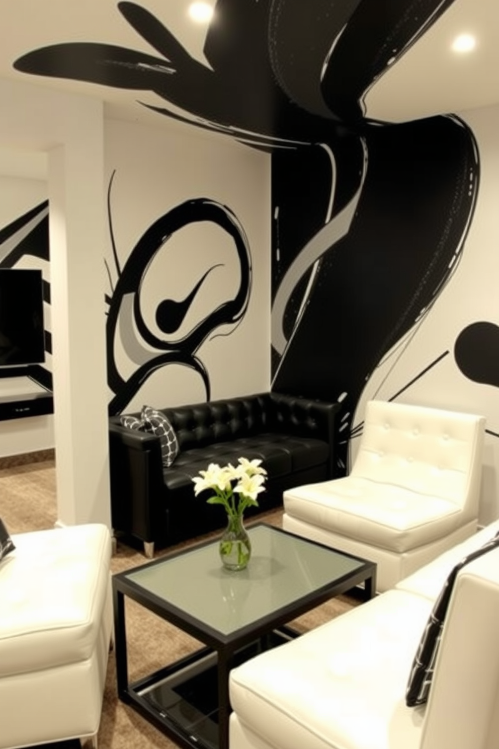 Artistic black and white mural feature. The walls are adorned with a large abstract mural that creates a striking focal point in the space. The basement is designed with sleek black furniture and white accents that complement the mural. Soft lighting enhances the artistic details while providing a cozy atmosphere.