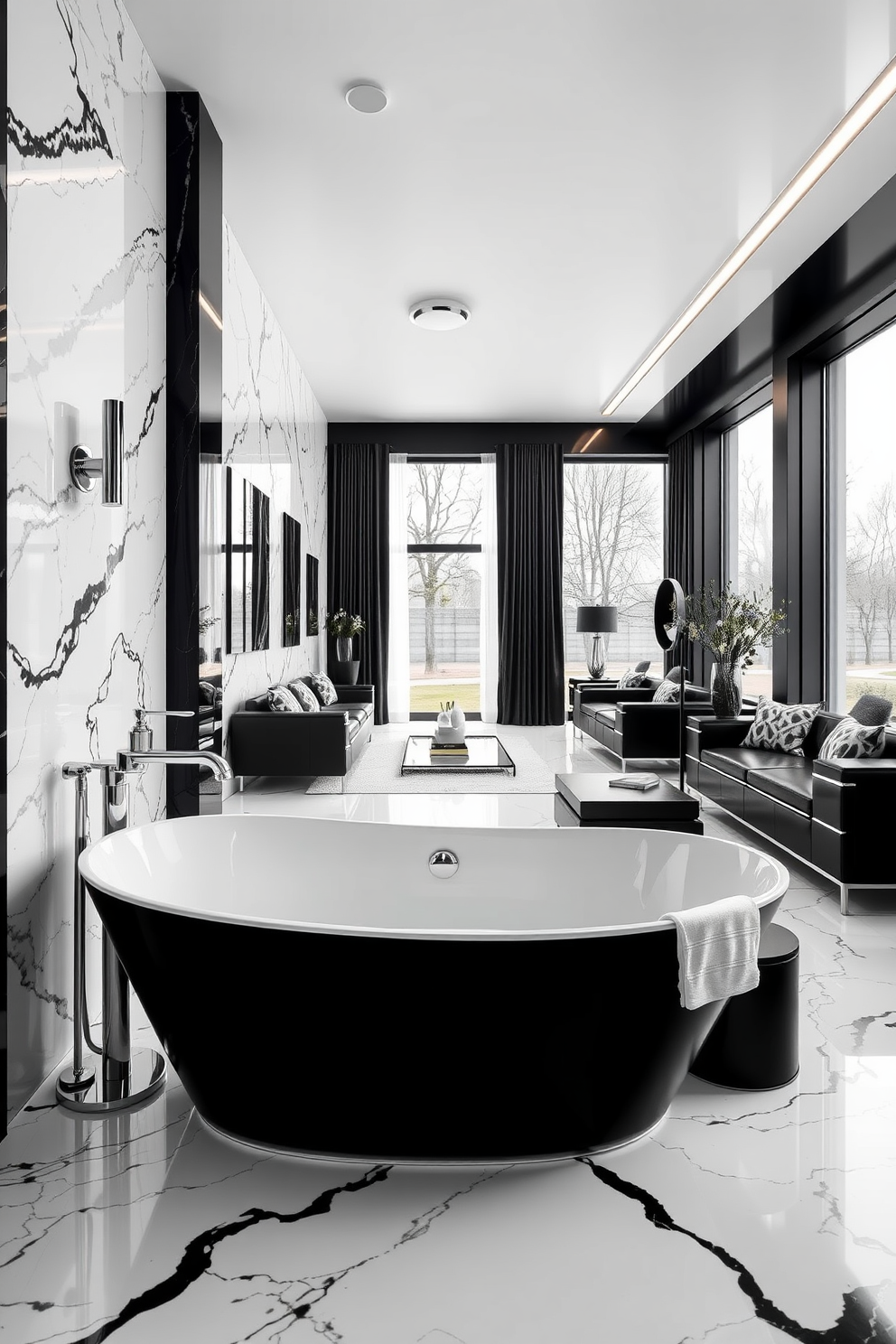 A luxurious black and white bathroom setup features a freestanding soaking tub with elegant chrome fixtures. The walls are adorned with black and white marble tiles, creating a stunning contrast that exudes sophistication. For black and white basement design ideas, envision a spacious entertainment area with sleek black furniture and white accent walls. Large windows allow natural light to flood the space, enhancing the modern aesthetic while providing a cozy atmosphere.