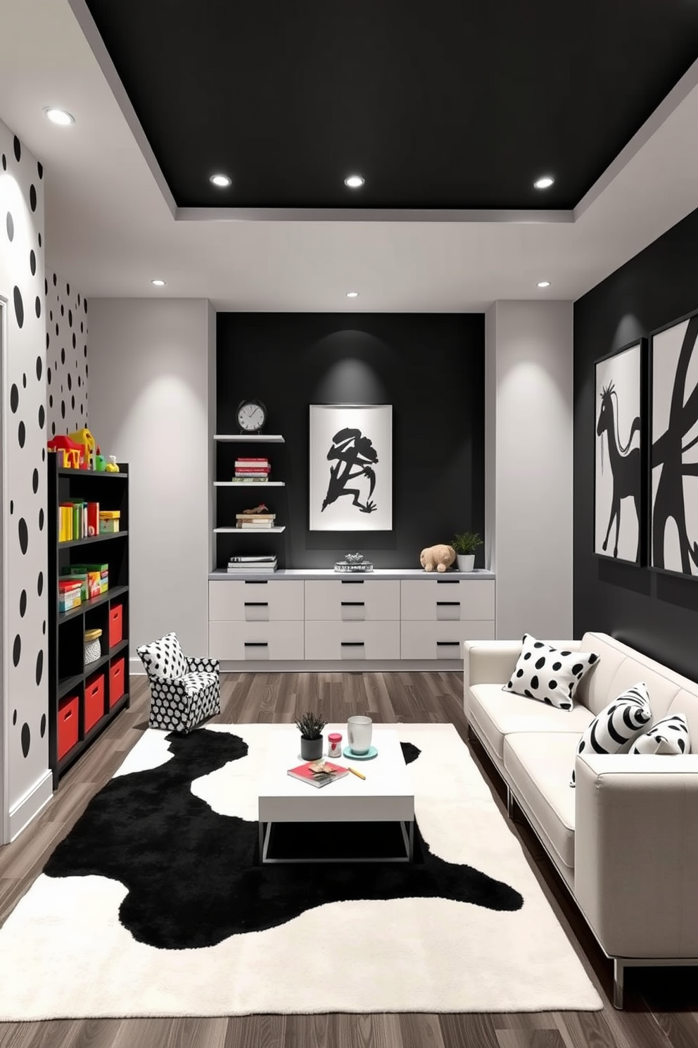 A charming black and white playroom design features playful patterns on the walls and a soft black and white rug on the floor. Colorful toys and books are neatly organized on stylish shelves, while a cozy seating area invites children to relax and enjoy their creativity. For the black and white basement design ideas, envision a sleek entertainment area with a modern sectional sofa and a minimalist coffee table. The walls are adorned with abstract black and white art, and strategically placed lighting creates a warm and inviting atmosphere.