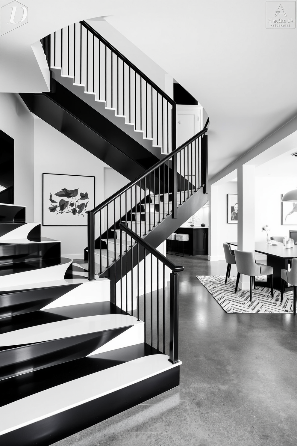 A stylish basement retreat featuring black framed mirrors strategically placed to enhance natural light. The design incorporates sleek black and white elements, creating a modern and inviting atmosphere.