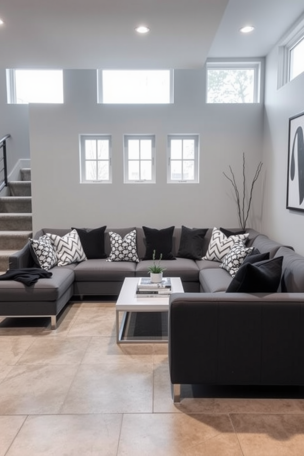 Create a modern basement design featuring stylish black and white accent pillows arranged on a sleek sectional sofa. The walls are painted in a soft gray, and large windows allow natural light to illuminate the space, enhancing the contrast of the black and white decor. Incorporate a minimalist coffee table in the center, topped with a few decorative books and a small plant. The flooring is a polished concrete, providing an industrial feel that complements the overall aesthetic of the basement.