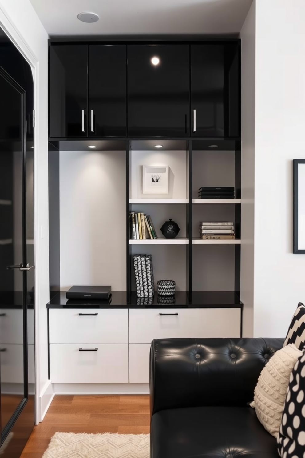 Cohesive black and white storage solutions. Imagine a sleek and modern space featuring built-in cabinetry with a high-gloss black finish paired with matte white shelving. Black and white basement design ideas. Envision a stylish basement retreat that combines black leather furniture with white walls and bold black accents, creating a striking contrast that feels both inviting and sophisticated.