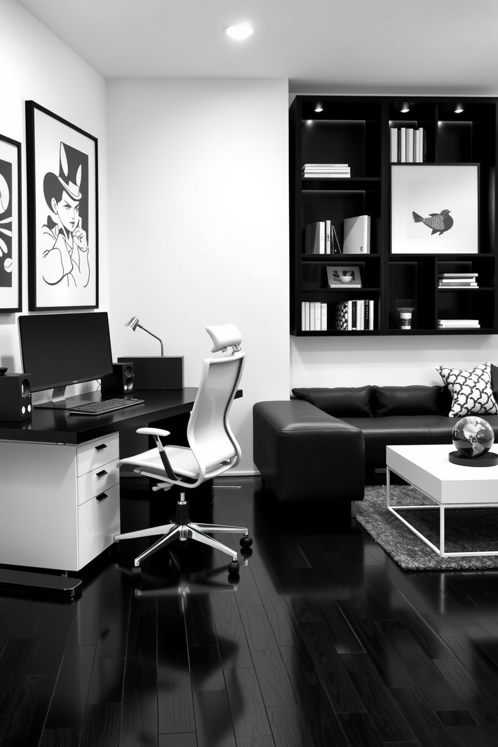 A modern black and white workspace corner features a sleek black desk with a minimalist design and a comfortable white ergonomic chair. The walls are painted crisp white, adorned with black and white artwork, while a stylish black bookshelf holds neatly organized books and decor. The black and white basement design includes a spacious lounge area with a plush black sectional sofa and a chic white coffee table. Soft lighting fixtures illuminate the space, enhancing the contrast between the dark flooring and the bright walls, creating an inviting atmosphere.