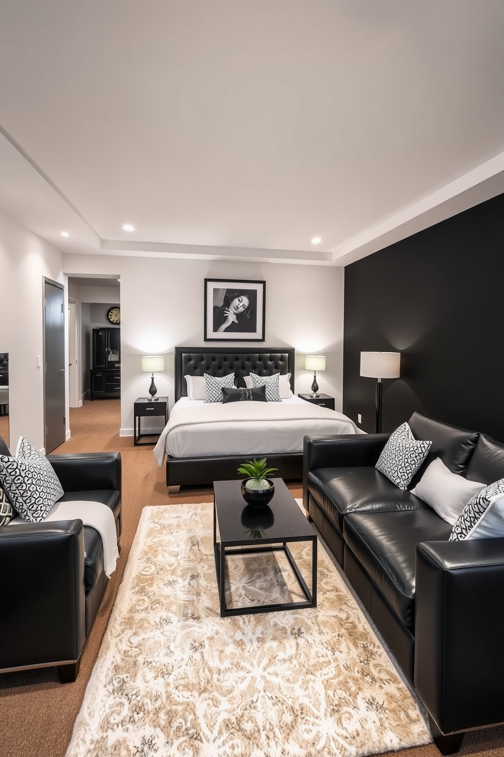 Inviting black and white guest bedroom. The room features a plush king-sized bed with a black upholstered headboard and crisp white linens. A pair of stylish black nightstands with modern lamps flank the bed. The walls are painted in a soft white, while a bold black accent wall adds depth to the space. Black and white basement design ideas. The area is designed with a cozy seating arrangement featuring a large sectional sofa in black leather and white throw pillows. A sleek coffee table sits in the center, accompanied by a contemporary rug that ties the color scheme together.