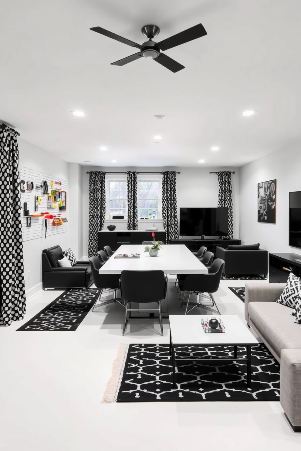 A creative black and white craft room features a large central table surrounded by comfortable chairs. The walls are adorned with pegboards displaying colorful craft supplies, while black and white patterned curtains frame the windows. The black and white basement design includes a cozy seating area with a sleek sectional sofa and a minimalist coffee table. The walls are painted in a crisp white, contrasting with dark accents like a black entertainment unit and geometric rugs.