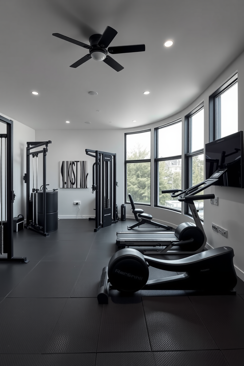 A sleek black and white home gym features modern equipment with a minimalist aesthetic. The walls are painted in a crisp white, complemented by black accent pieces and rubber flooring for optimal functionality. The black and white basement design incorporates a spacious layout with a cozy seating area. Large windows allow natural light to flood the space, highlighting the contrasting colors of the furniture and decor.