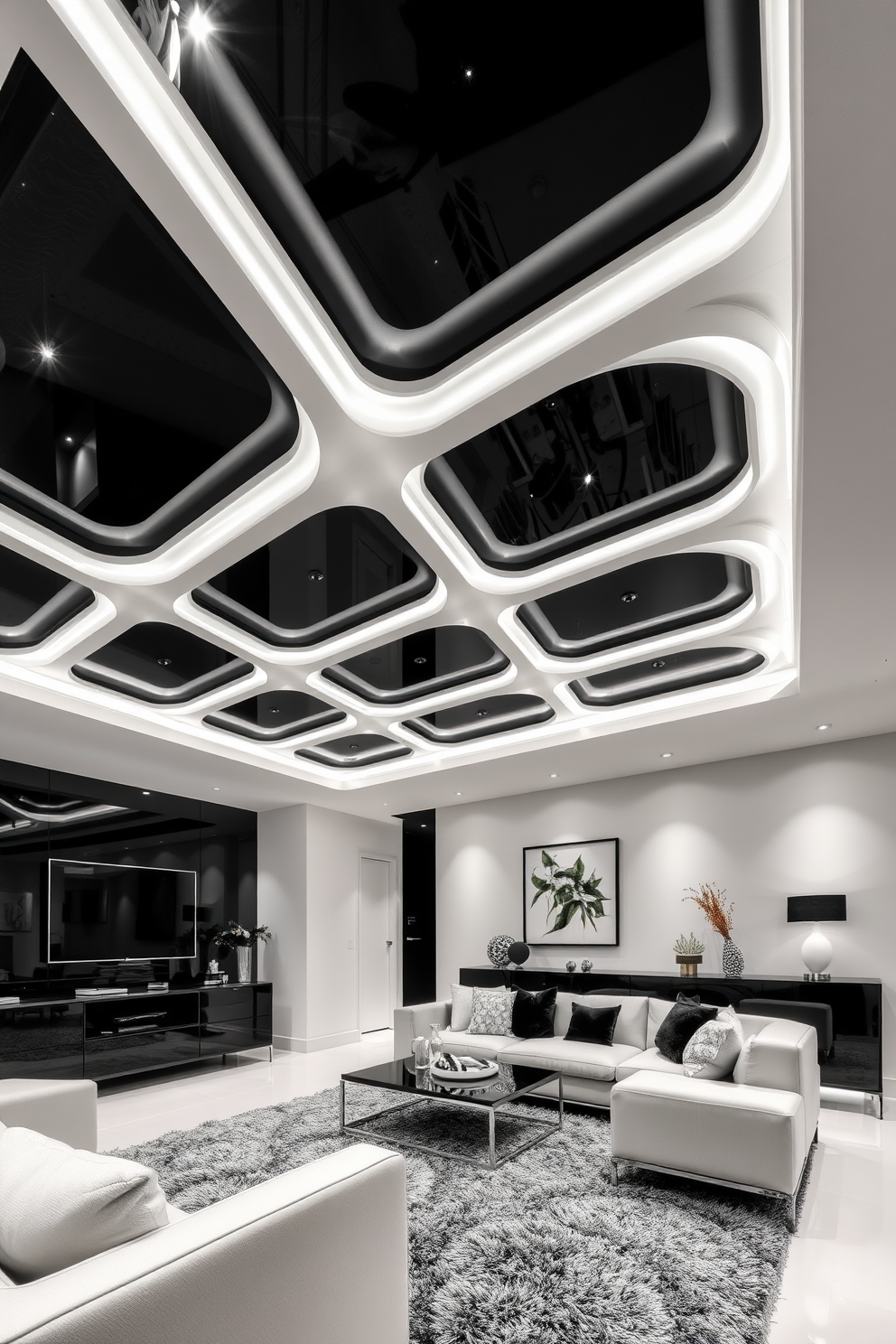 A trendy black and white ceiling design features bold geometric patterns that create a striking visual impact. The contrast between the glossy black sections and matte white elements enhances the overall sophistication of the space. For black and white basement design ideas, consider an open layout with sleek furniture that complements the monochromatic theme. Incorporate textured materials like a plush area rug and decorative accents to add warmth and depth to the otherwise minimalist aesthetic.