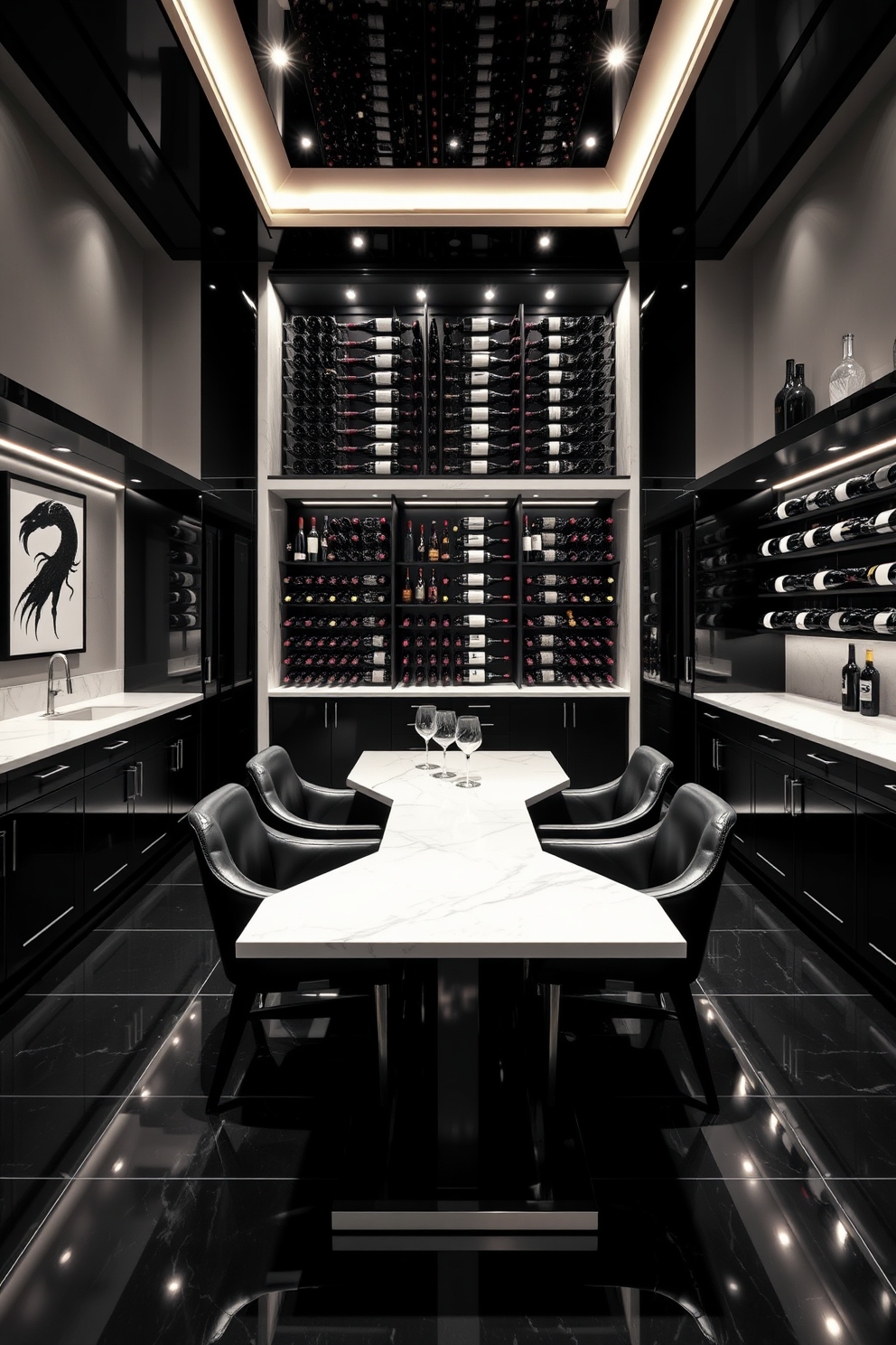 An elegant black and white wine cellar featuring sleek black cabinetry and white marble countertops. The walls are adorned with black and white artwork, and the floor is finished with polished black tiles that reflect the ambient lighting. The wine racks are custom-built in a geometric design, showcasing a variety of wine bottles. A stylish tasting table with black leather chairs sits in the center, creating a sophisticated space for entertaining guests.