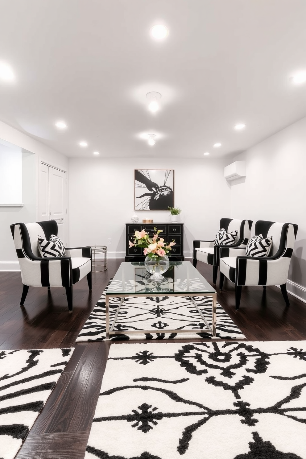 Vibrant black and white accent chairs are placed strategically around a sleek glass coffee table in a stylish basement. The walls are painted a crisp white, contrasting beautifully with the dark flooring, while overhead lighting adds warmth to the modern aesthetic. Incorporate bold black and white patterns on area rugs to enhance the visual interest of the space. The overall design features minimalist decor elements, creating a chic yet inviting atmosphere perfect for entertaining guests.