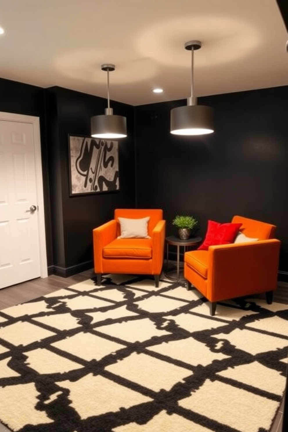 A stylish basement featuring a bold geometric patterned area rug that adds a striking contrast to the sleek black walls. The space is illuminated by modern pendant lights, creating a cozy atmosphere perfect for relaxation and entertainment.