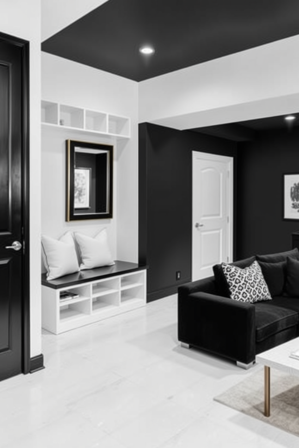 A functional black and white mudroom area features a sleek black bench with white cushions against the wall. Above the bench, there are open shelves for storage, and a large mirror with a black frame enhances the space. The black and white basement design ideas include a spacious lounge area with a black sectional sofa and a white coffee table. Accent walls painted in deep black contrast with light-colored flooring, creating a modern and inviting atmosphere.