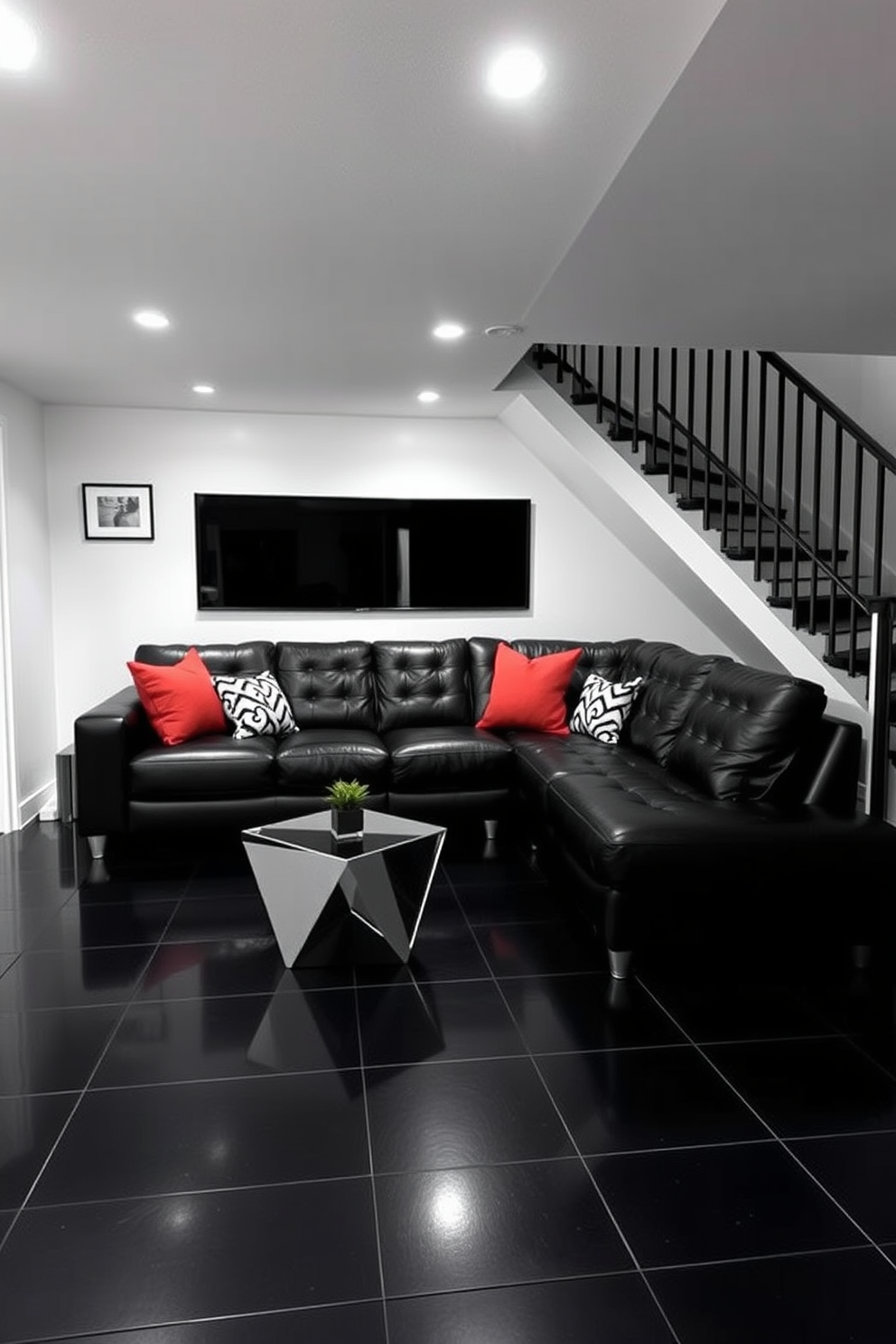 A chic black leather sectional sofa is the centerpiece of the basement, providing a comfortable and stylish seating area. The walls are painted in a crisp white, creating a striking contrast with the dark furniture and enhancing the overall brightness of the space. The flooring features sleek black tiles that add a modern touch to the design. Accent pieces, such as a geometric coffee table and vibrant throw pillows, bring warmth and personality to the minimalist black and white theme.