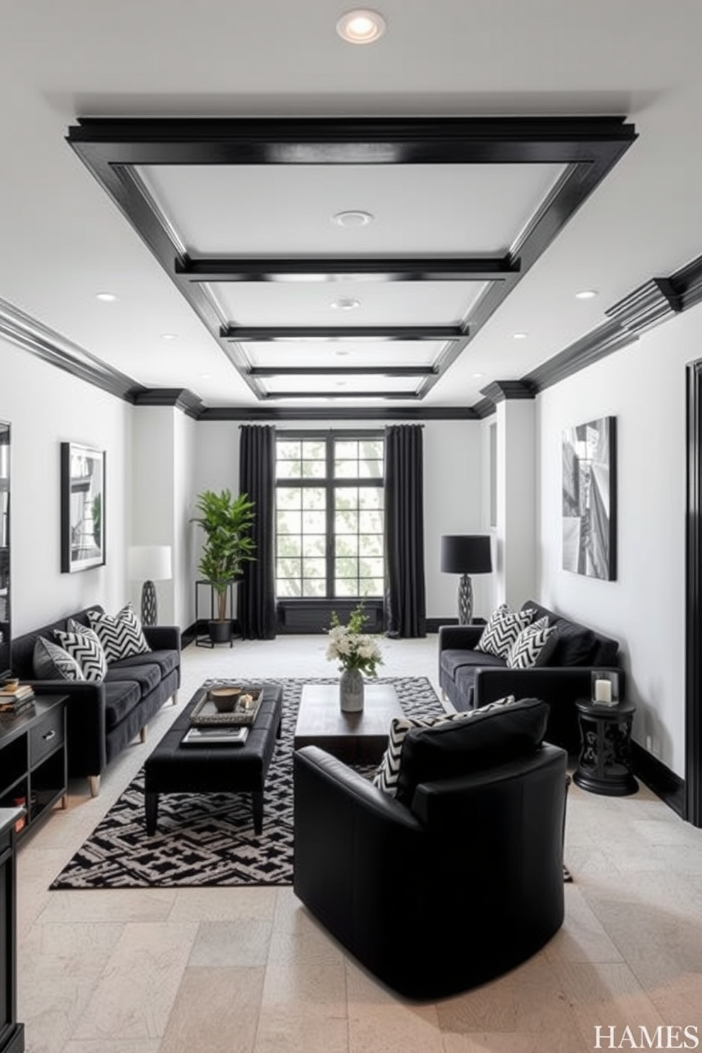 A stylish basement featuring whitewashed wood beams that contrast beautifully with the sleek black walls. The space is adorned with contemporary black furniture, accented by white decorative pieces to create a balanced and inviting atmosphere.