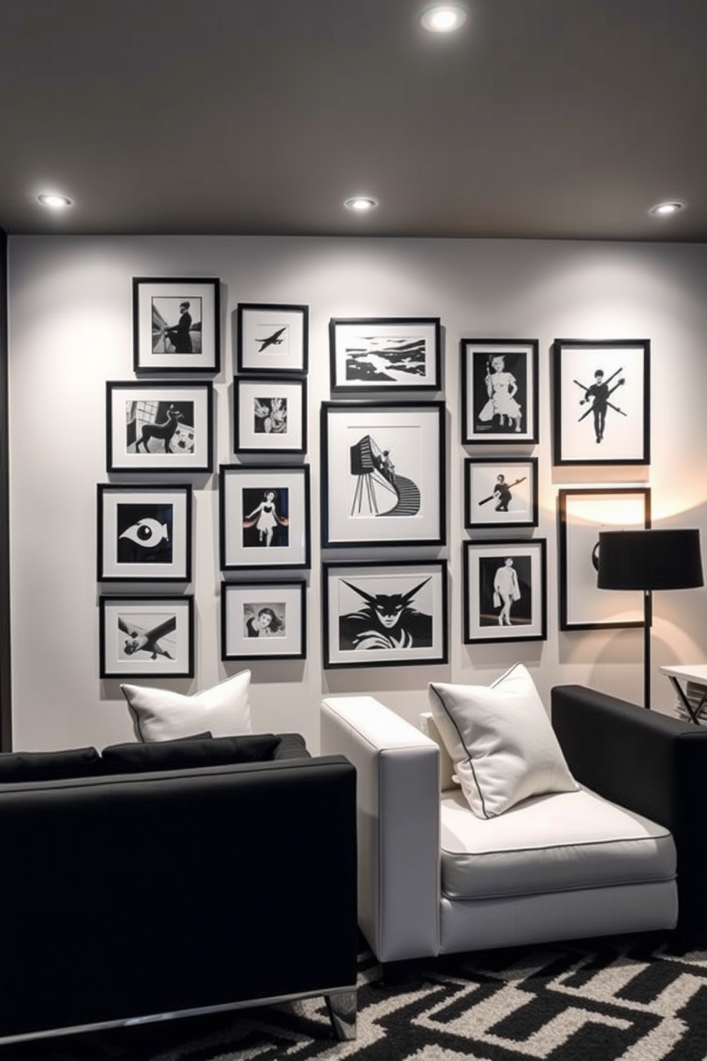 A stylish black and white gallery wall features a mix of framed art pieces and photographs in various sizes. The arrangement creates a striking visual impact against a crisp white backdrop, enhancing the overall aesthetic of the room. For black and white basement design ideas, envision a modern space with sleek furniture and bold geometric patterns. The room is illuminated with soft lighting, highlighting the contrast between the dark walls and light furnishings.