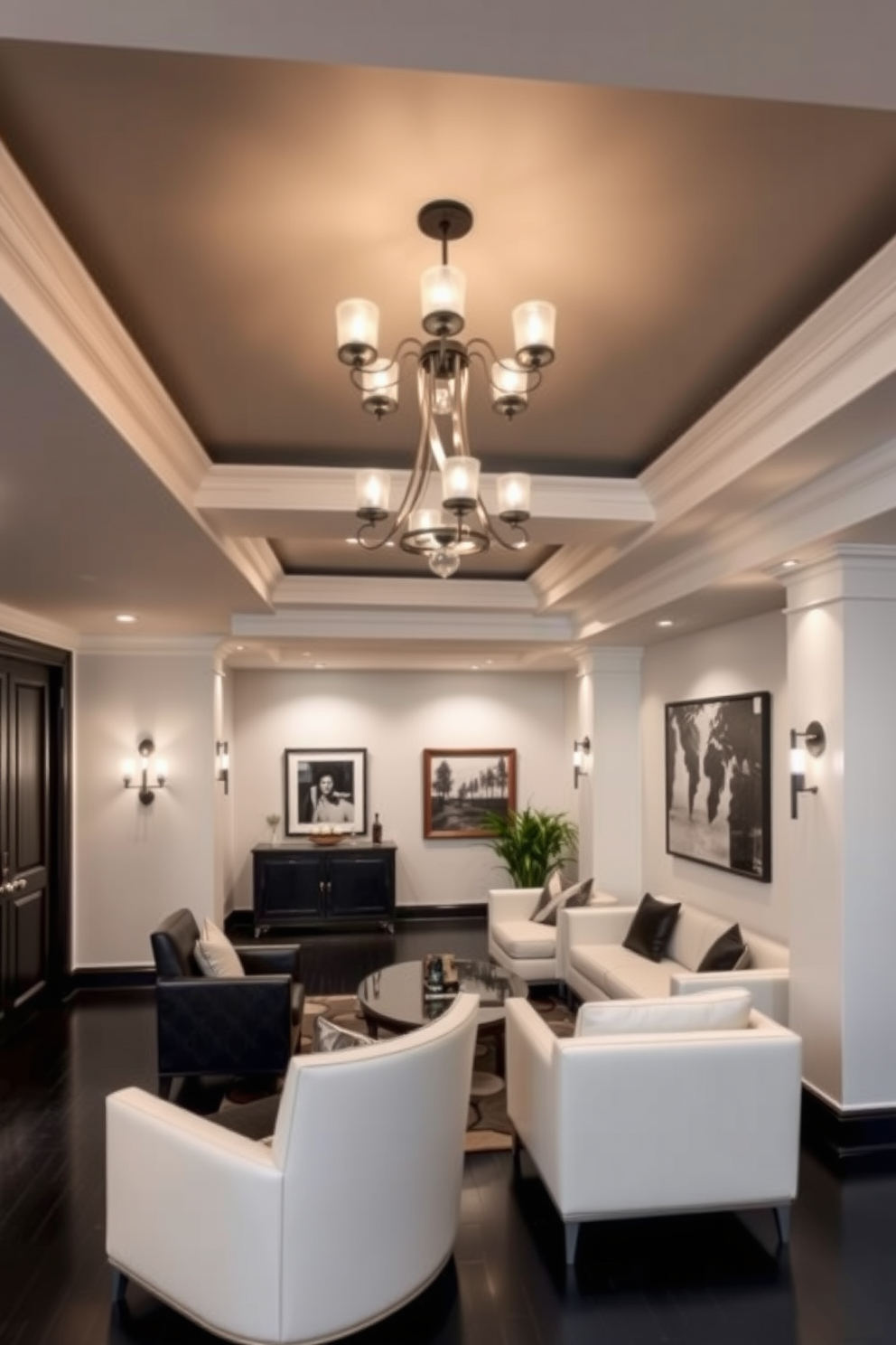 A stylish basement space featuring elegant black and white lighting fixtures that create a warm ambiance. The walls are painted in a soft white, while the flooring is a rich black hardwood, enhancing the contrast in the design. Sleek black and white furniture pieces are arranged thoughtfully throughout the room, providing both comfort and sophistication. A statement chandelier in the center adds a touch of glamour, complemented by wall sconces that highlight the artwork on display.