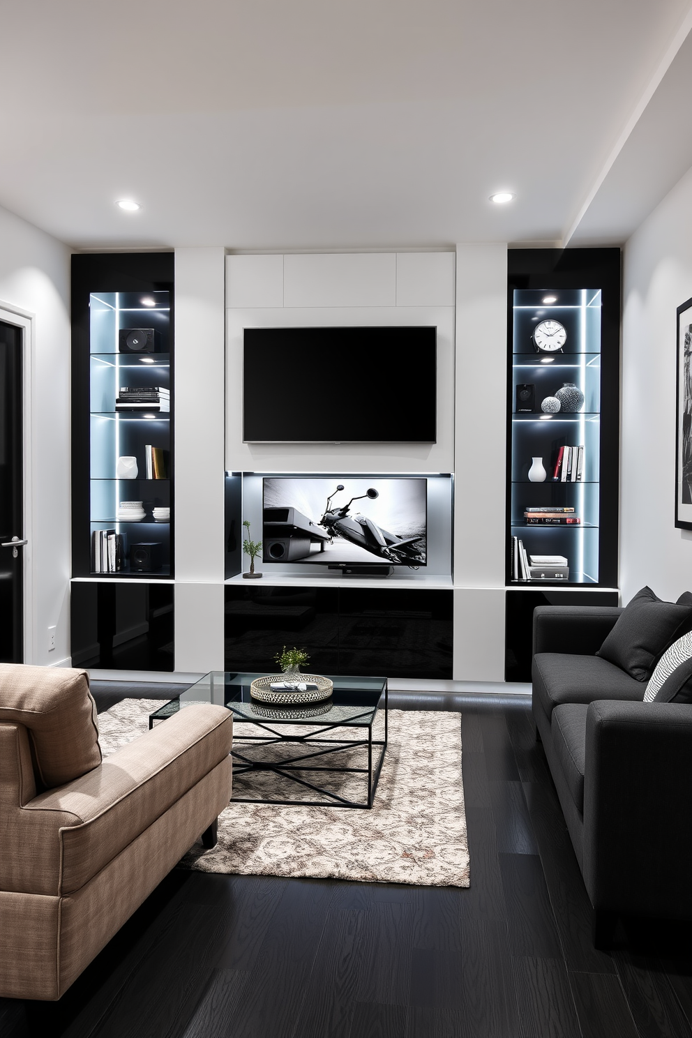 A modern black and white entertainment center features sleek cabinetry with a high gloss finish and integrated LED lighting. The center is designed with a large flat screen television mounted on the wall, flanked by stylish shelving units that showcase decorative items and books. The black and white basement design incorporates a cozy seating area with a plush sectional sofa and a contemporary coffee table. The walls are painted in a crisp white, while the flooring is a rich black laminate, creating a striking contrast that enhances the overall aesthetic.