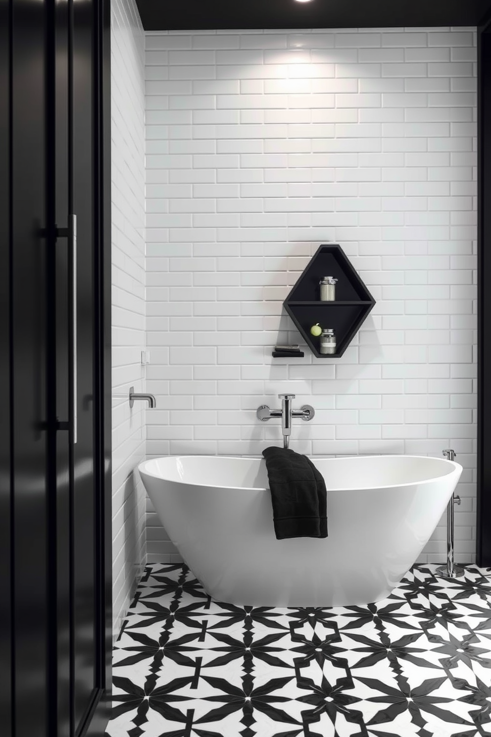 A sleek modern bathroom features polished chrome fixtures complemented by a minimalist design. The walls are adorned with pristine white tiles, creating a clean and airy atmosphere. Contrasting the white tiles, bold black accents are incorporated through a freestanding tub and geometric shelving. The floor showcases a striking black and white patterned tile that adds visual interest to the space.