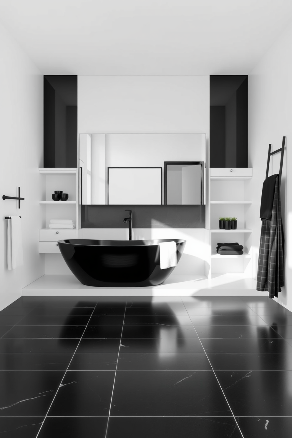 A minimalist bathroom featuring sleek black and white elements. The walls are painted crisp white, and the floor is covered with large black tiles for a striking contrast. A freestanding black bathtub sits center stage, surrounded by simple white shelving. Above the tub, a large frameless mirror enhances the sense of space and light.