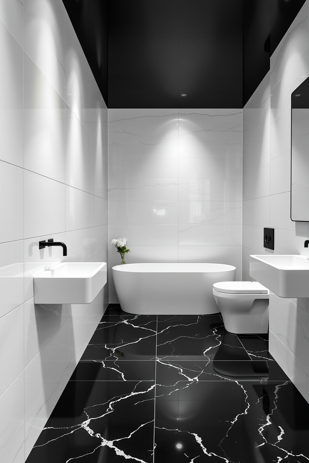 A modern black and white bathroom features large format tiles that create a seamless and elegant look throughout the space. The walls are adorned with glossy white tiles while the floor showcases striking black tiles, enhancing the contrast and sophistication of the design.