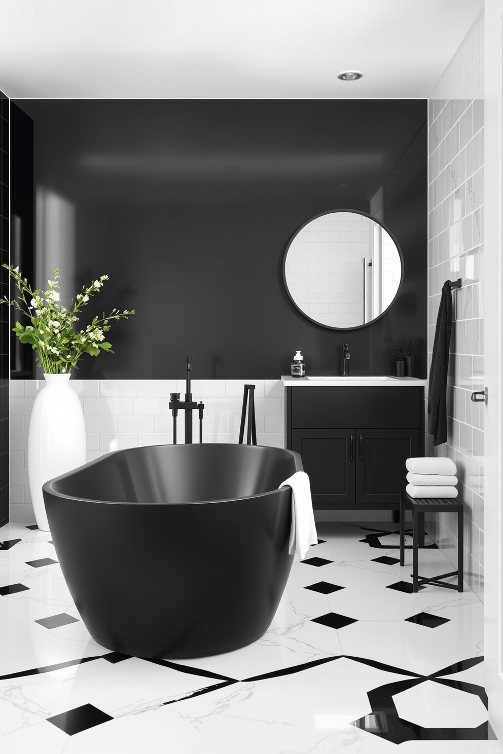 A striking black and white bathroom featuring a matte black freestanding tub that contrasts beautifully with glossy white tiles on the walls. The floor is adorned with large black and white geometric patterns, adding visual interest to the space. A sleek matte black vanity with a white quartz countertop complements the overall design, while a round mirror with a black frame hangs above it. Decorative elements include a glossy white vase filled with fresh greenery and stylish black accessories placed strategically around the room.