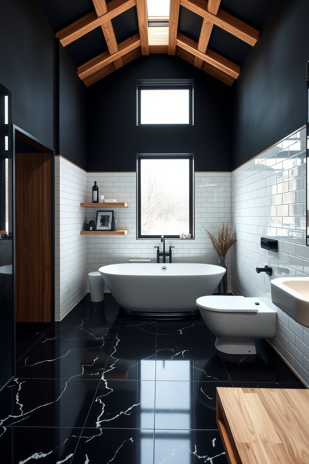 A striking black and white bathroom featuring natural wood accents that bring warmth to the space. The walls are adorned with glossy white tiles while the floor showcases bold black tiles, creating a dramatic contrast. A freestanding bathtub sits elegantly in the center, surrounded by wooden shelves displaying stylish decor. Above the bathtub, a large window allows natural light to flood the room, enhancing the inviting atmosphere.