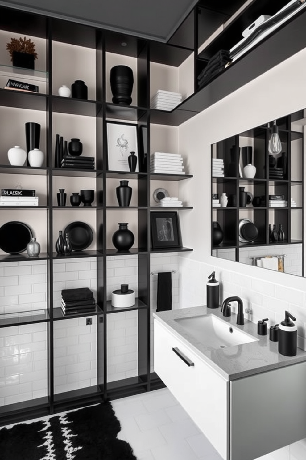 Open shelving displays an array of black and white decor items, creating a striking contrast against the light-colored walls. The shelves are adorned with carefully curated accessories, including vases, books, and art pieces, all harmonizing in a monochromatic theme. The bathroom features sleek black fixtures and white tiles, enhancing the modern aesthetic. A large mirror above the sink reflects the stylish decor, while a black and white rug adds warmth to the space.