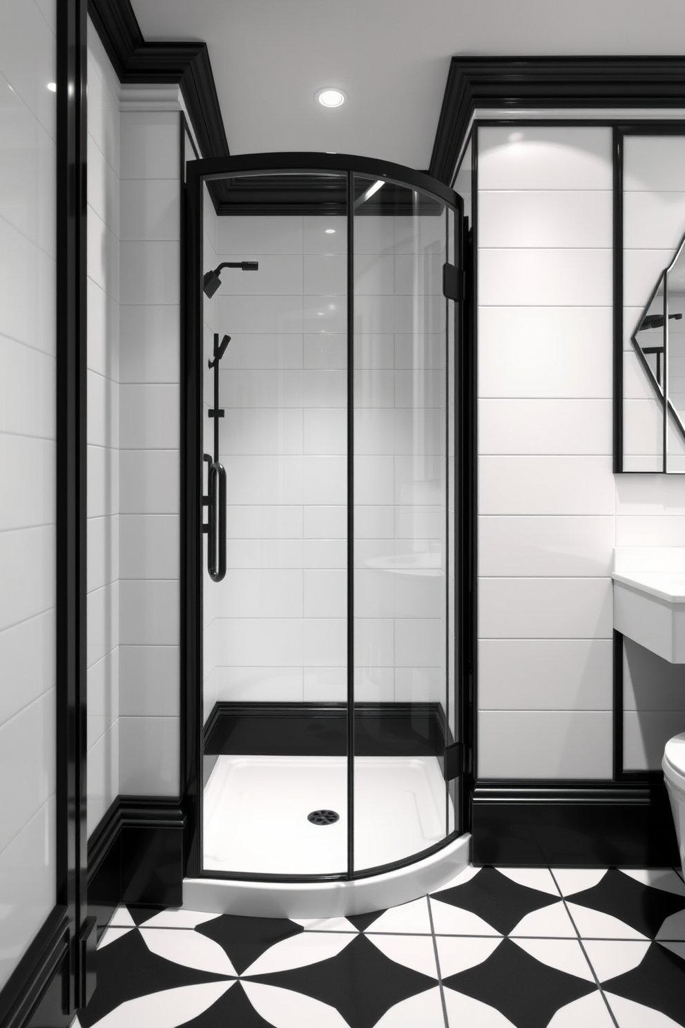 A stylish black and white bathroom featuring a large freestanding tub centered in the room. The walls are adorned with black and white geometric tiles, and a plush black and white patterned rug lies beneath the tub for added warmth. Sleek black cabinetry contrasts beautifully with white countertops and fixtures. A large round mirror with a black frame hangs above the sink, reflecting the elegant design of the space.