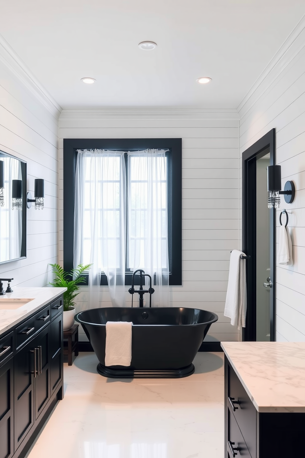 A stylish black and white bathroom featuring white shiplap walls that add a rustic charm. The space includes a freestanding black soaking tub positioned under a large window with sheer curtains, complemented by a sleek black vanity with a white marble top.