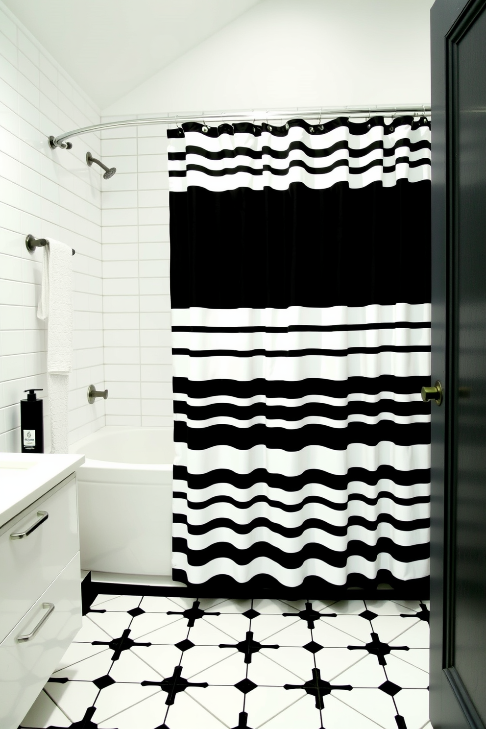 A chic black and white bathroom featuring a bold black and white striped shower curtain that adds a striking focal point. The walls are adorned with sleek white tiles, while the floor showcases a contrasting black and white geometric pattern for a modern touch.