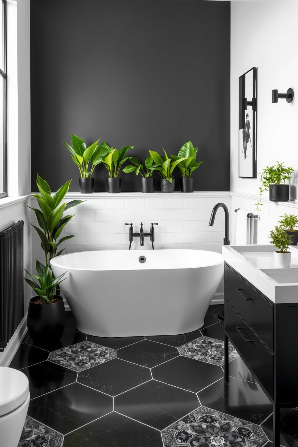 A black and white bathroom featuring sleek geometric tiles on the floor and walls. Lush greenery in the form of potted plants is strategically placed to soften the stark contrasts and add a touch of nature. The centerpiece is a freestanding white bathtub with elegant black fixtures. A stylish black vanity complements the design, adorned with a few small green plants for a refreshing contrast.