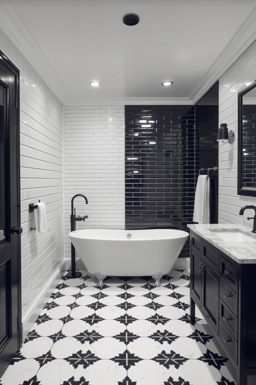 A striking black and white bathroom features geometric tile patterns that create a bold visual impact on the floor. The walls are adorned with sleek black accents, and a minimalist white vanity complements the striking design. The space includes a large frameless mirror that reflects the intricate tile work, enhancing the room's modern aesthetic. Soft lighting fixtures provide a warm glow, highlighting the contrast between the black and white elements in the design.