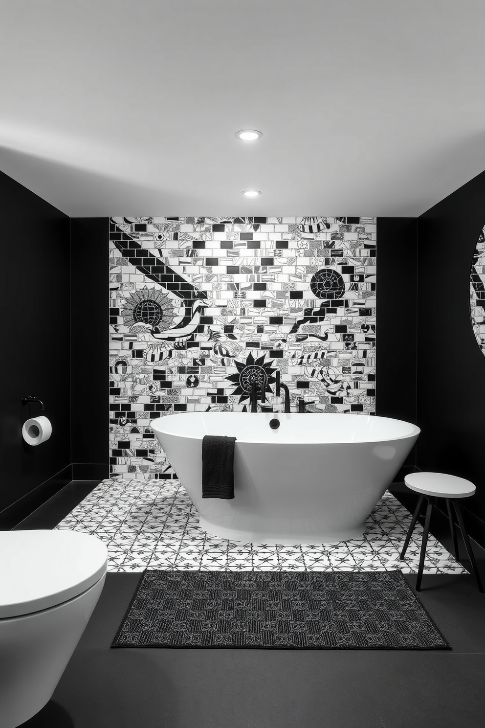 Artistic tile mural as a focal point. The bathroom features a striking black and white tile mural that draws the eye, surrounded by sleek fixtures and minimalist decor. The walls are adorned with soft matte black paint, creating a dramatic backdrop. A freestanding white bathtub sits elegantly in the center, complemented by modern black faucets and a geometric patterned rug.