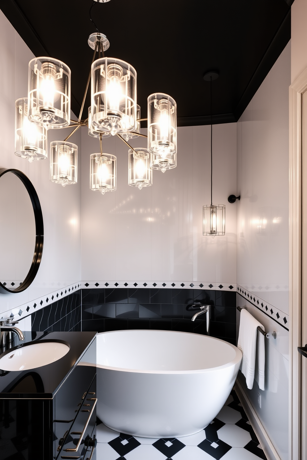 A striking black and white bathroom features unique light fixtures that serve as focal points. The elegant chandelier hangs above a freestanding soaking tub, casting a warm glow across the room. The walls are adorned with black and white geometric tiles that create a modern aesthetic. A sleek vanity with a glossy black finish complements the design, while a round mirror reflects the stylish lighting.