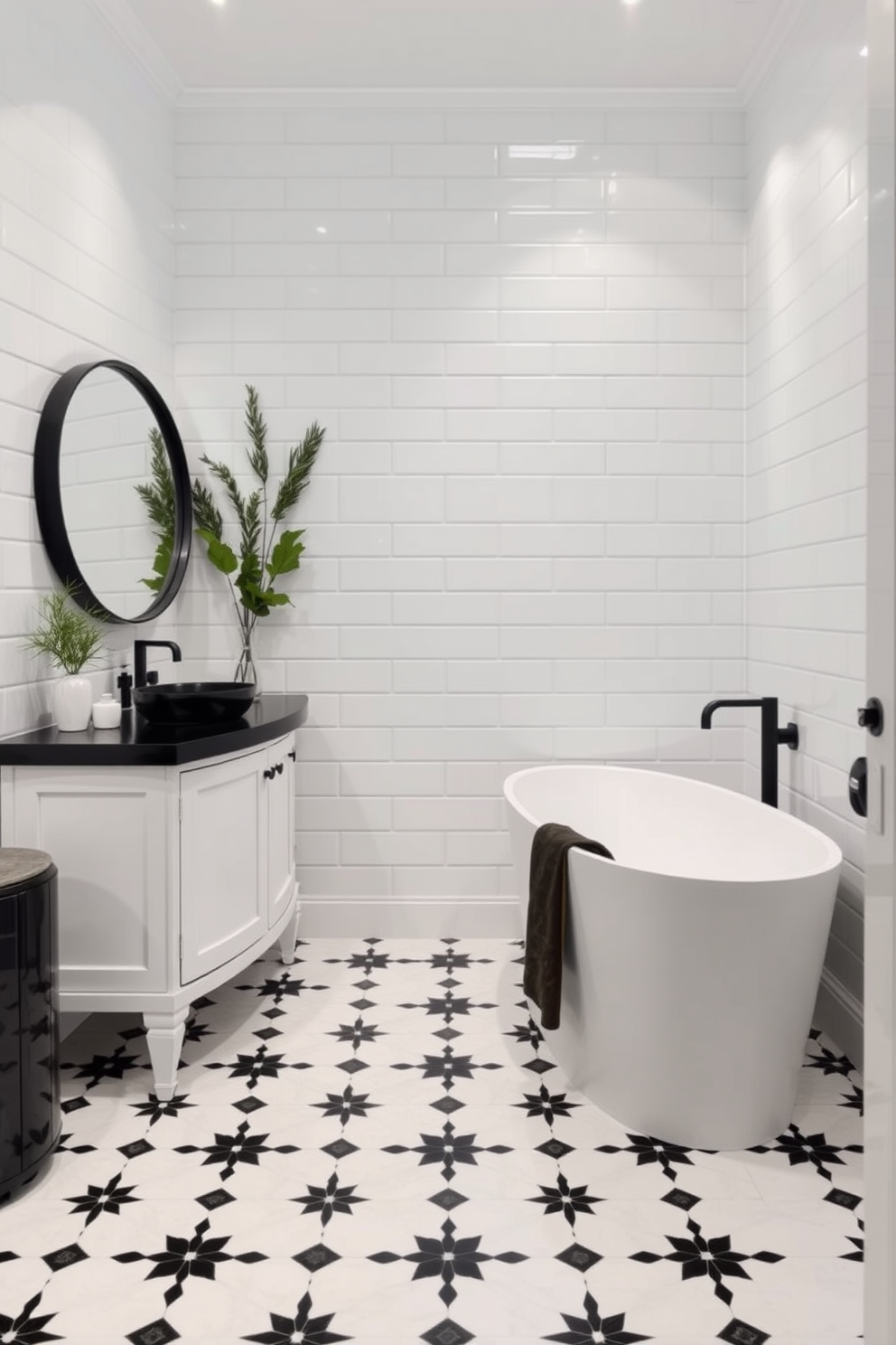 A chic bathroom featuring elegant black and white mosaic tiles that create a striking pattern on the floor. The walls are adorned with sleek white tiles, and a modern freestanding bathtub sits elegantly in the corner, complemented by a minimalist black faucet. A stylish vanity with a black countertop and white cabinetry stands opposite the bathtub. Above the vanity, a large round mirror with a black frame reflects the sophisticated design, while decorative plants add a touch of greenery to the monochrome palette.