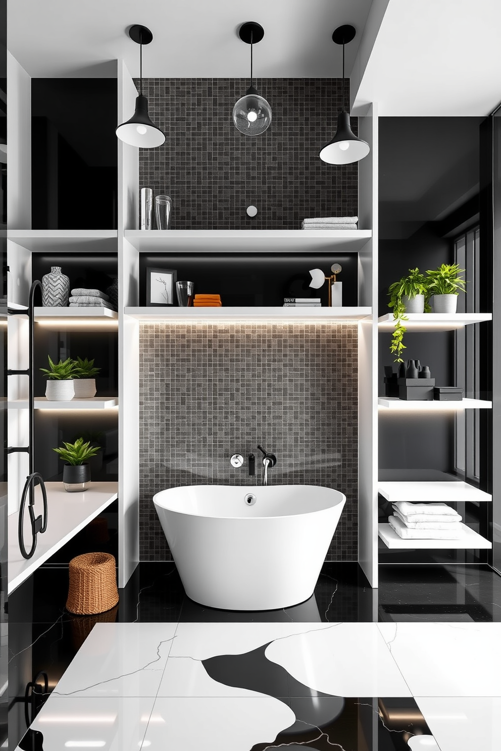 A contemporary bathroom design featuring sleek floating shelves that provide both style and functionality. The shelves are adorned with minimalist decor items and potted plants, creating an inviting atmosphere. The color scheme is a striking combination of black and white, with glossy tiles and matte accents. A freestanding bathtub sits elegantly in the center, framed by stylish lighting fixtures that enhance the modern aesthetic.