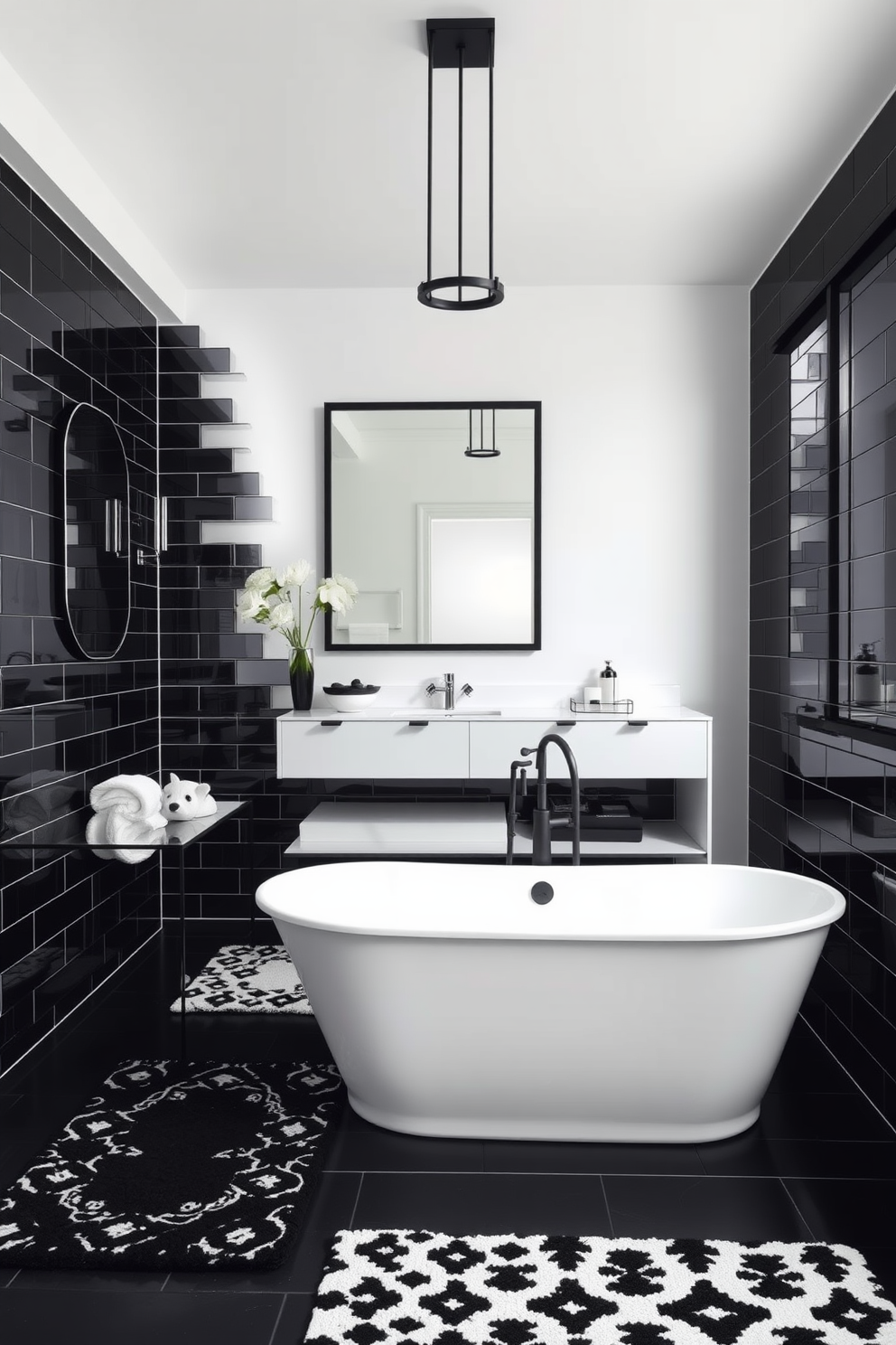 A striking black and white bathroom design featuring bold black lighting fixtures that create a dramatic ambiance. The space includes a freestanding white bathtub and a sleek black vanity with a white marble countertop, complemented by geometric black tiles on the floor.