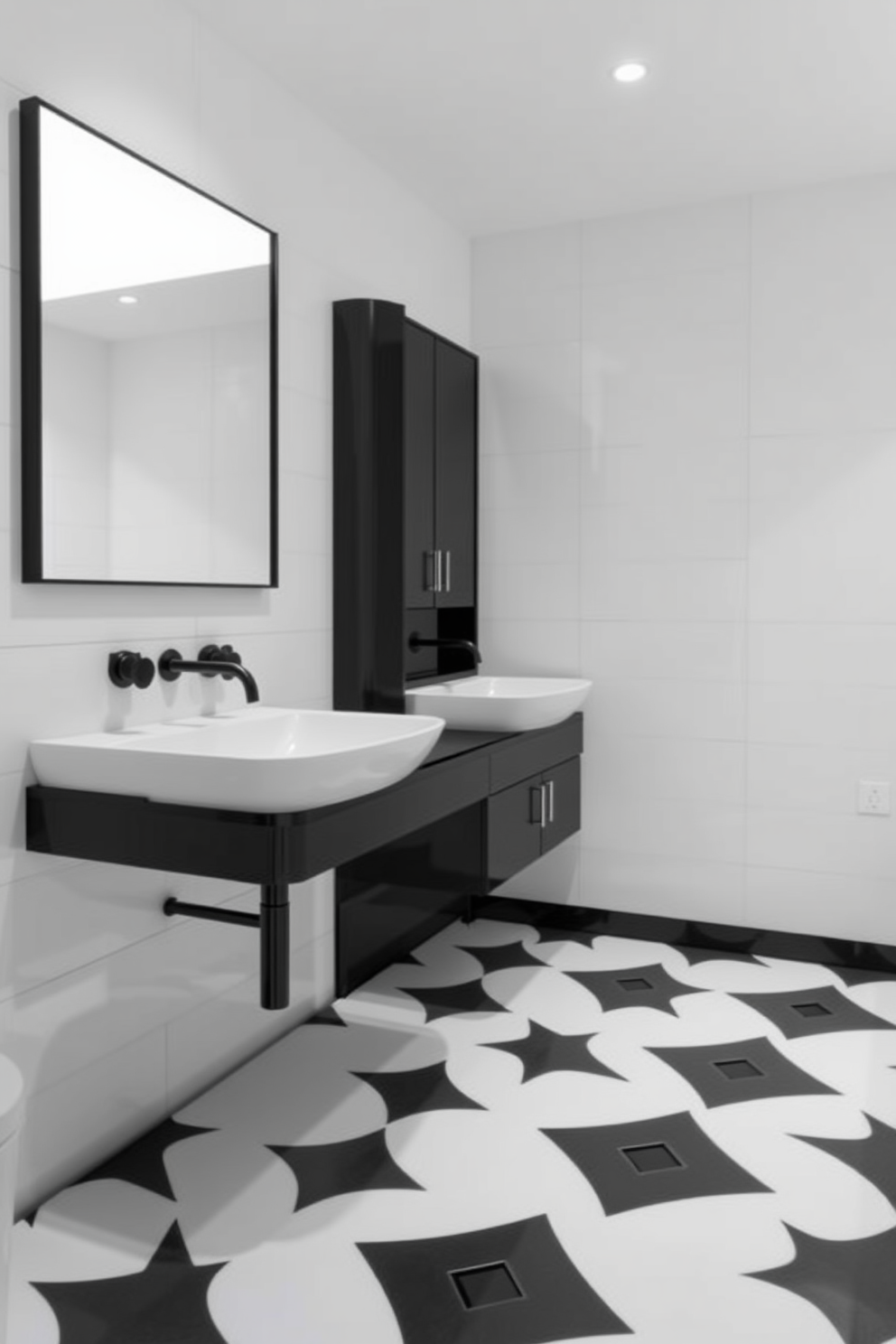 A modern black and white bathroom featuring dual sinks with sleek black faucets mounted on a stylish vanity. The walls are adorned with large white tiles, while the floor showcases a striking black and white geometric pattern.