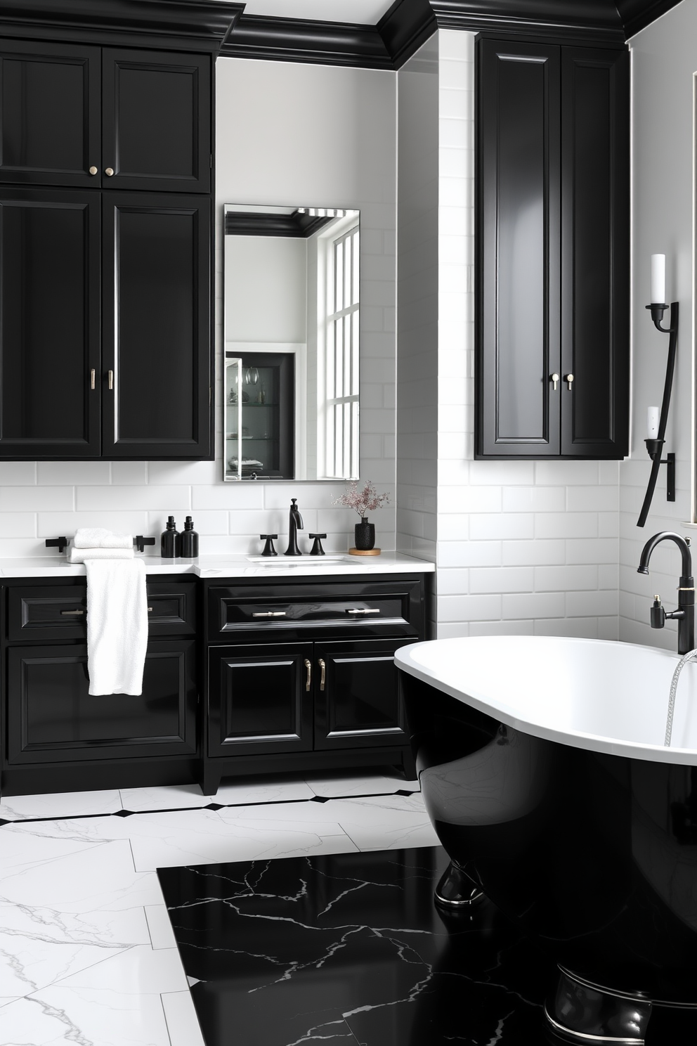 A striking black and white bathroom features dark cabinetry with sleek lines that contrast beautifully against the bright white walls. The floor is adorned with large black and white tiles, creating a bold visual statement that enhances the overall elegance of the space. The vanity showcases a glossy black finish with modern hardware, while a white marble countertop adds a touch of luxury. A freestanding white bathtub sits in the corner, surrounded by stylish black accents, including a chic towel rack and decorative accessories.