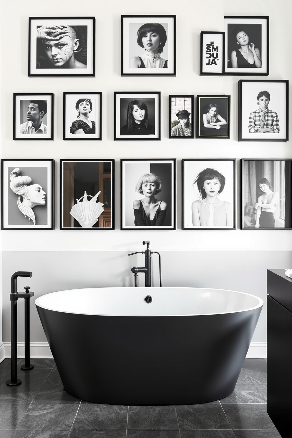 A stylish bathroom featuring a gallery wall adorned with framed black and white photography. The photographs showcase a mix of abstract art and classic portraits, creating a striking visual impact. The bathroom design includes a sleek freestanding bathtub with a matte black finish. Complementing the tub are minimalist black fixtures and a large window allowing natural light to illuminate the space.