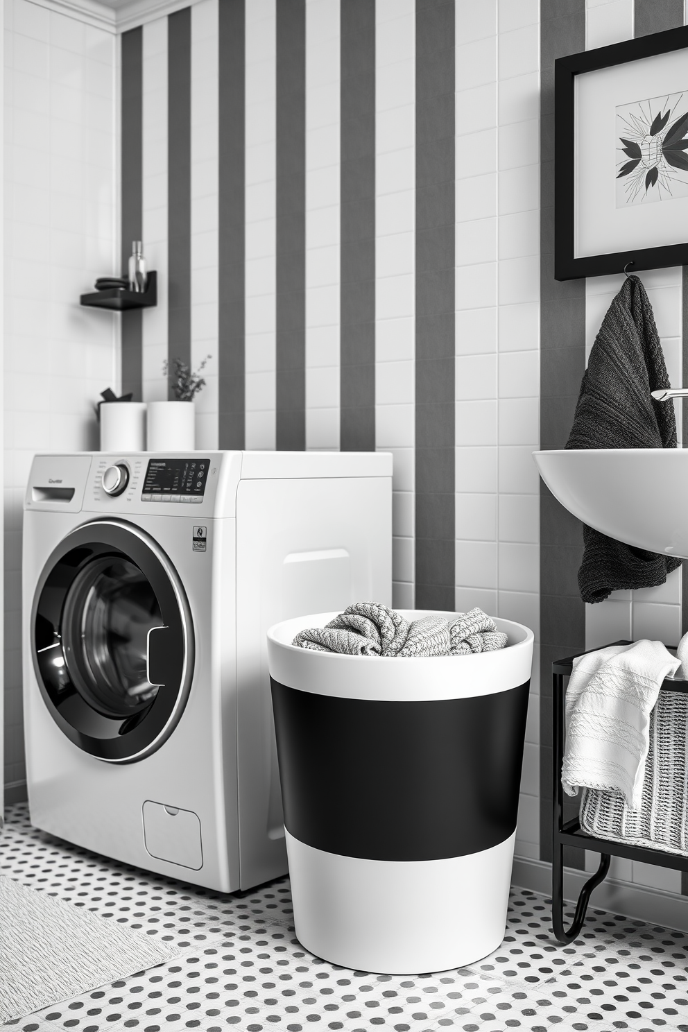 A stylish laundry basket in a monochrome black and white bathroom adds a touch of elegance to the space. The basket features a sleek design with a combination of matte black and glossy white finishes, seamlessly blending with the bathroom decor. Positioned near the washing machine, it serves both functionality and style. The contrasting colors enhance the modern aesthetic of the bathroom while keeping laundry organized and accessible.