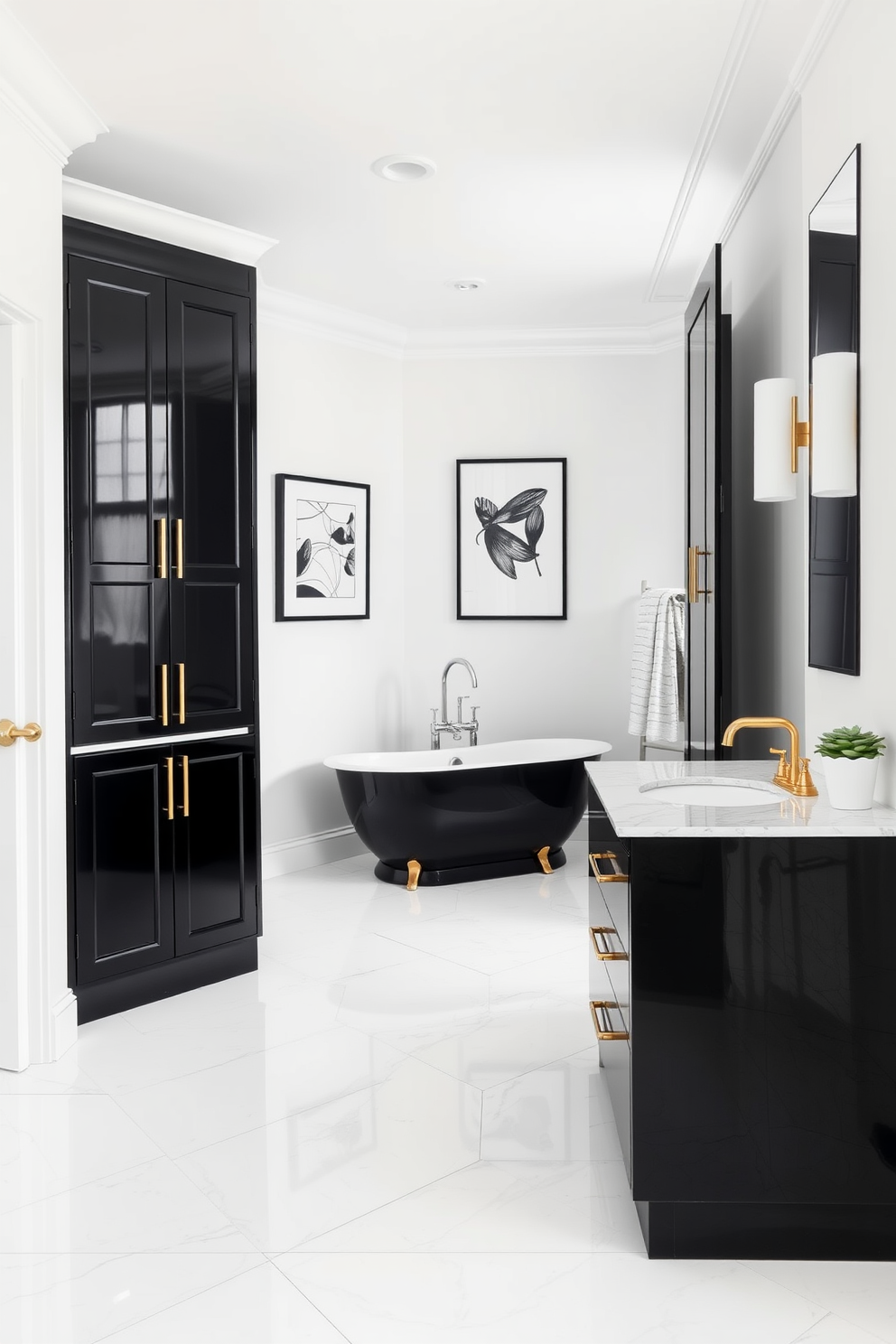 A chic black and white bathroom features sleek black cabinetry with subtle gold accents that add a touch of luxury. The floor is adorned with large white tiles, while the walls are painted in a crisp white, creating a striking contrast. A freestanding black bathtub sits elegantly in the center, complemented by a modern gold faucet. Framed black and white art pieces hang on the walls, enhancing the sophisticated ambiance of the space.