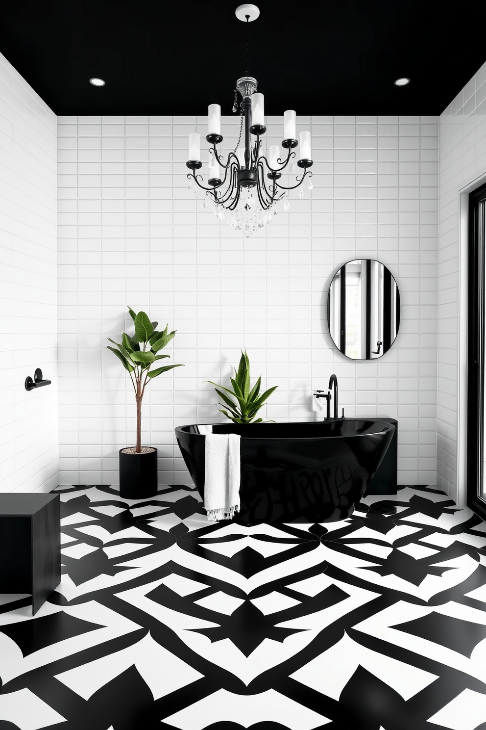 A stunning black and white bathroom showcases bold geometric patterns on the floor that create a striking visual impact. The walls are adorned with sleek white tiles, complementing the dramatic flooring and enhancing the overall modern aesthetic. The centerpiece of the bathroom is a freestanding black soaking tub, elegantly positioned to draw attention. Above the tub, a contemporary chandelier adds a touch of luxury, while strategically placed plants bring a hint of freshness to the space.