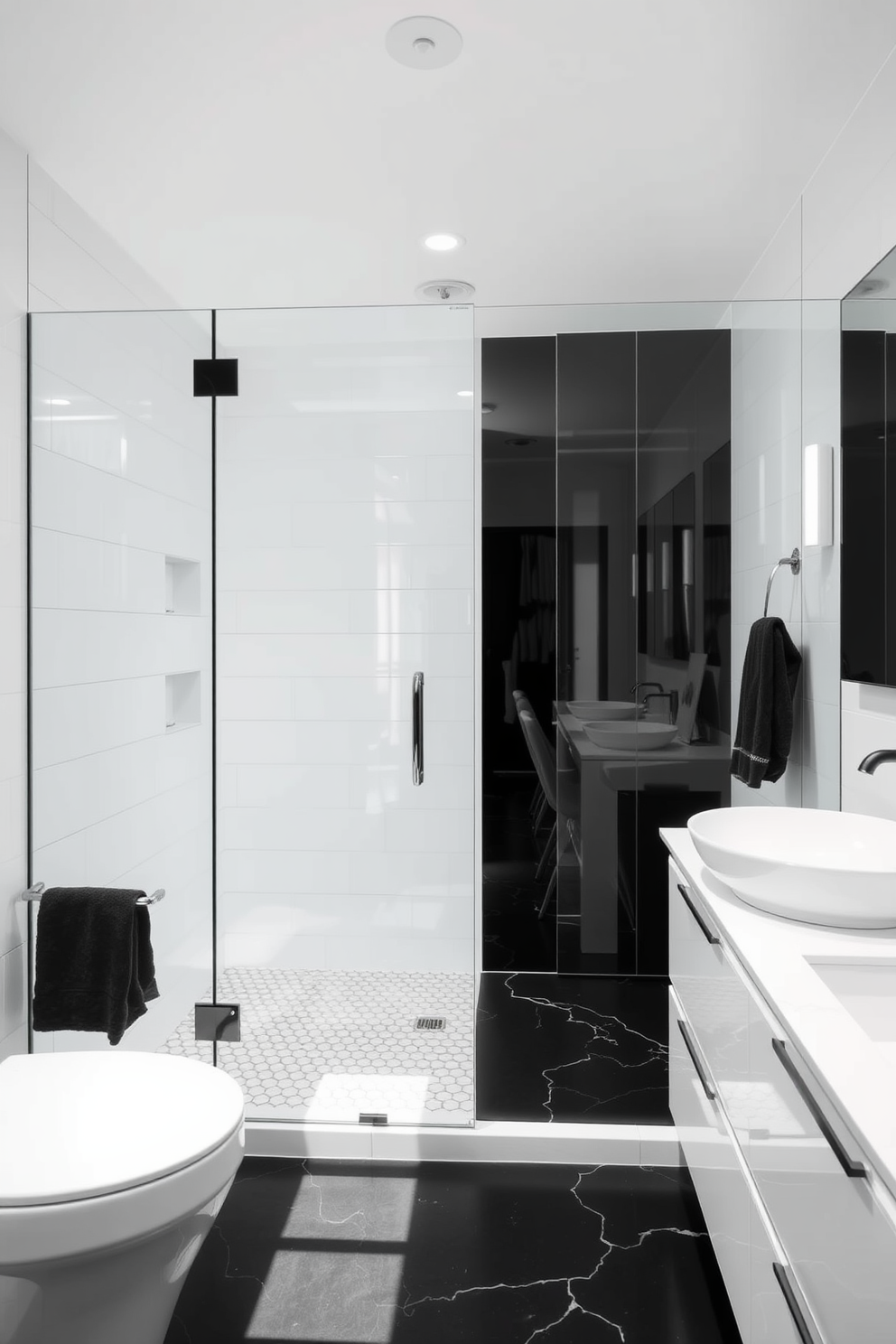 A sleek black and white bathroom featuring frameless glass shower doors that create an illusion of spaciousness. The walls are adorned with large white tiles, while the floor showcases contrasting black tiles for a modern aesthetic.