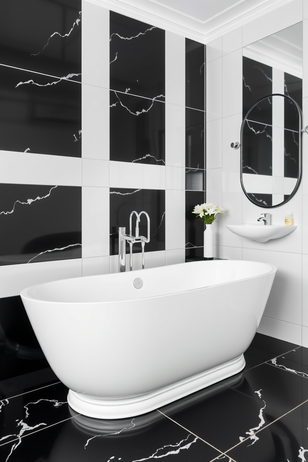 A bold black vanity with a sleek white sink takes center stage in this modern bathroom. The walls are adorned with striking monochrome tiles, creating a stunning contrast that enhances the overall aesthetic. Natural light floods the space through a large window, highlighting the elegant fixtures and accessories. A plush white rug adds warmth and comfort, completing the sophisticated black and white design.