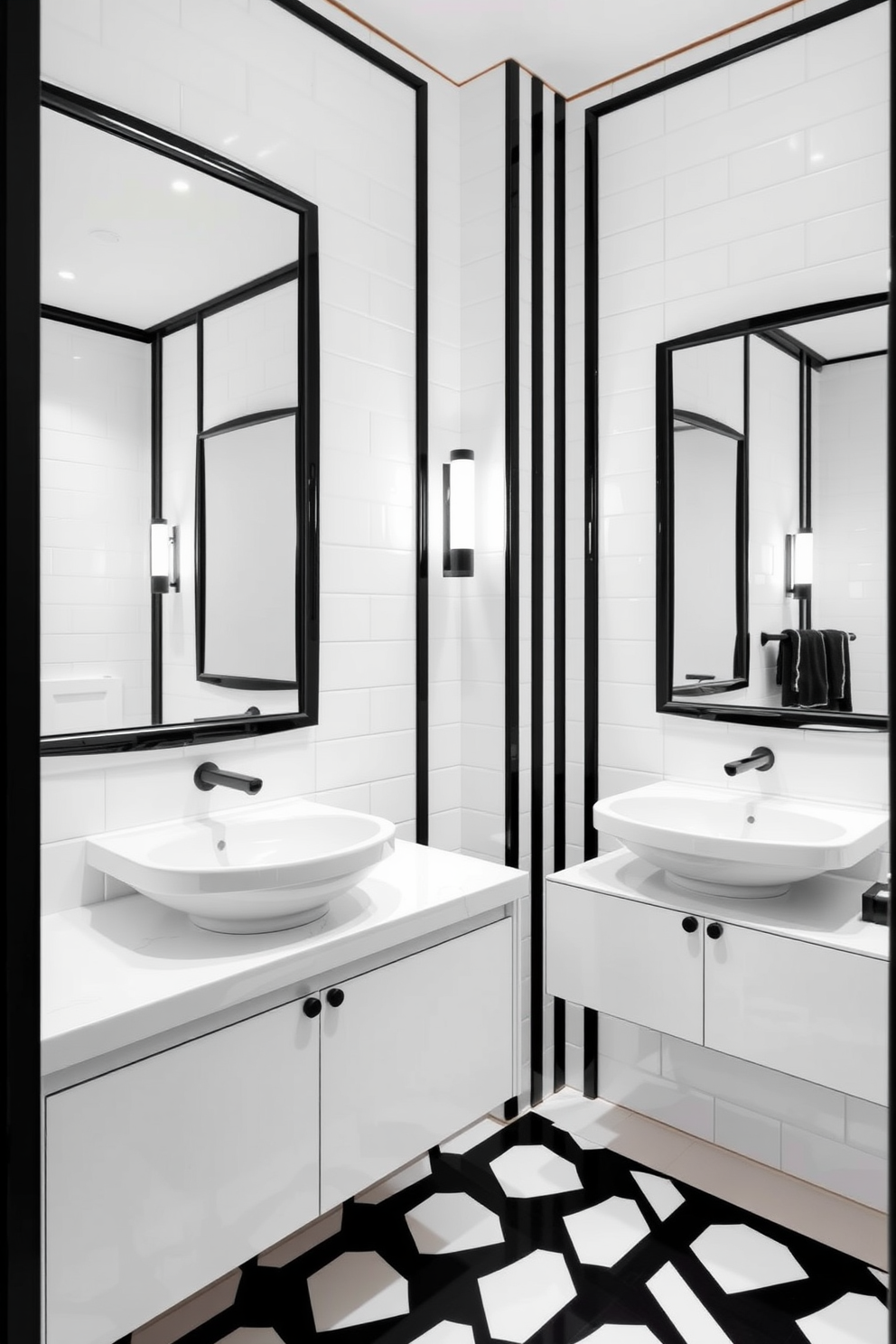 Chic black and white wallpaper design featuring intricate geometric patterns that create a modern and elegant atmosphere. The wallpaper covers all four walls, complemented by a sleek white bathtub and a minimalist black freestanding faucet. Black and white bathroom design ideas showcasing a spacious layout with a large walk-in shower enclosed by frameless glass. The floor is adorned with black and white hexagonal tiles, and a stylish vanity with a marble top contrasts beautifully with the dark cabinetry.