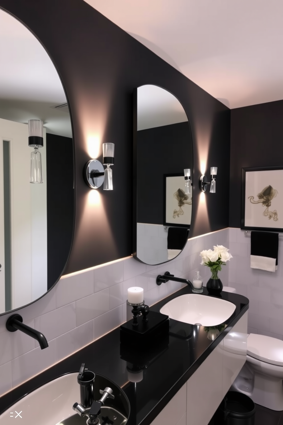 A stylish bathroom featuring elegant wall sconces that cast warm lighting across the space. The design incorporates a striking black and white color scheme, with sleek fixtures and modern accents.